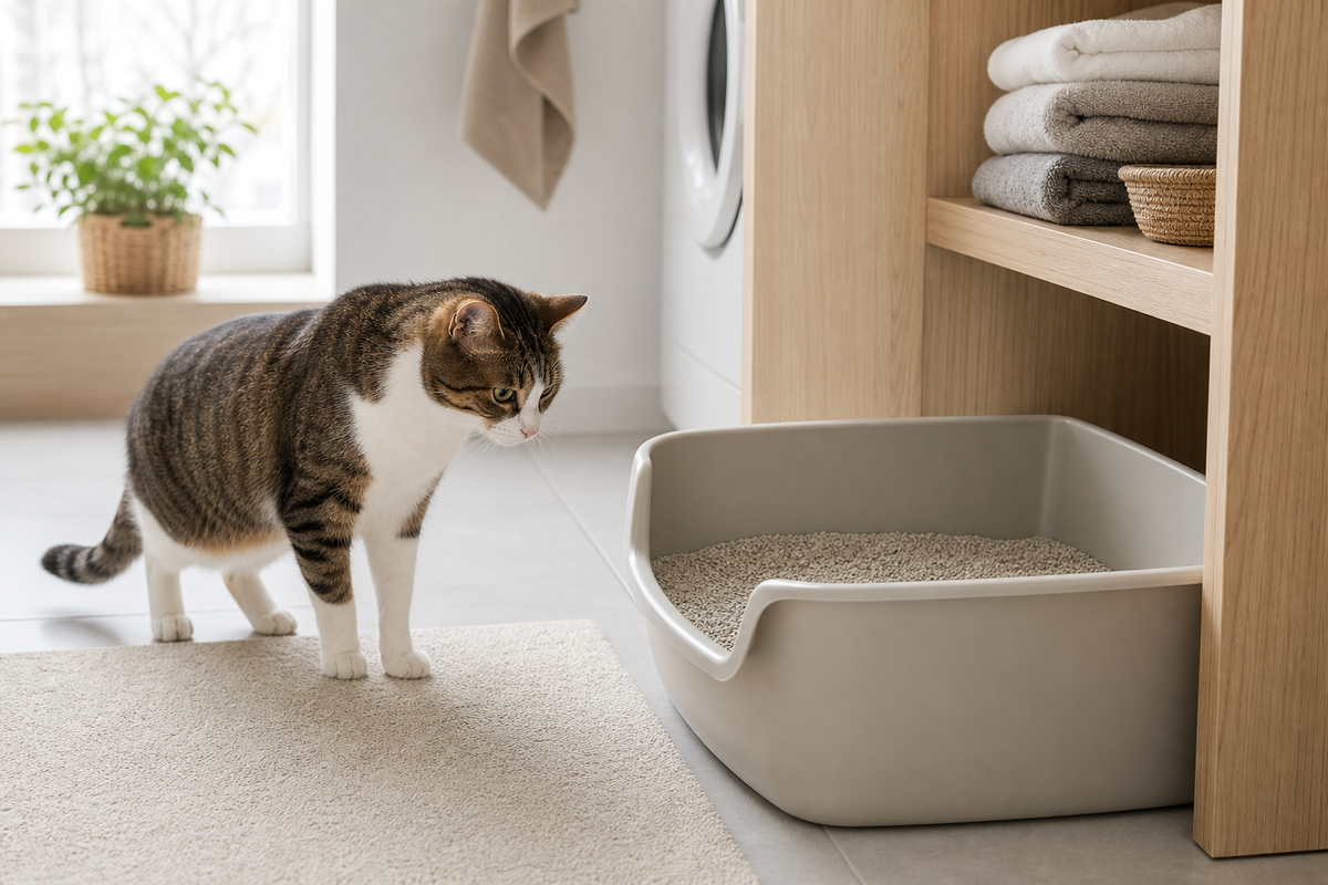 Cat hesitating beside a clean open litter box in a quiet room