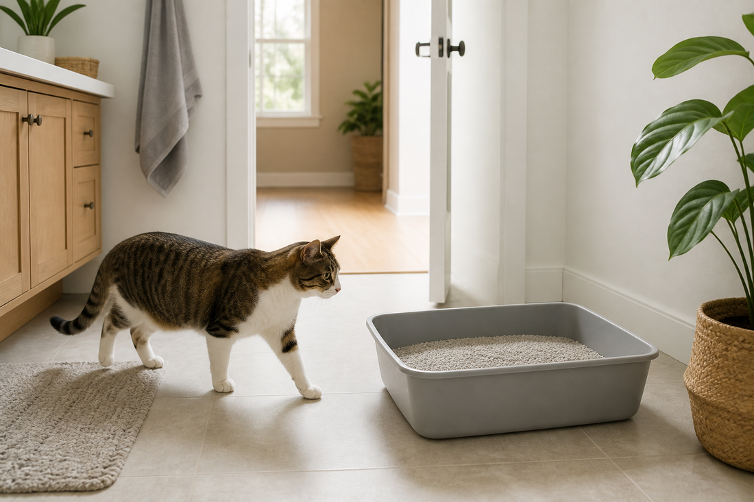 Cat approaching a clean litter box in a quiet accessible bathroom with an open exit