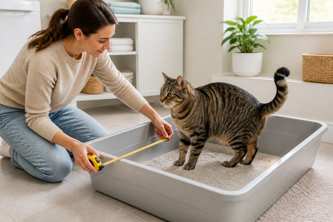 Cat standing comfortably in a spacious litter box while its owner measures the interior