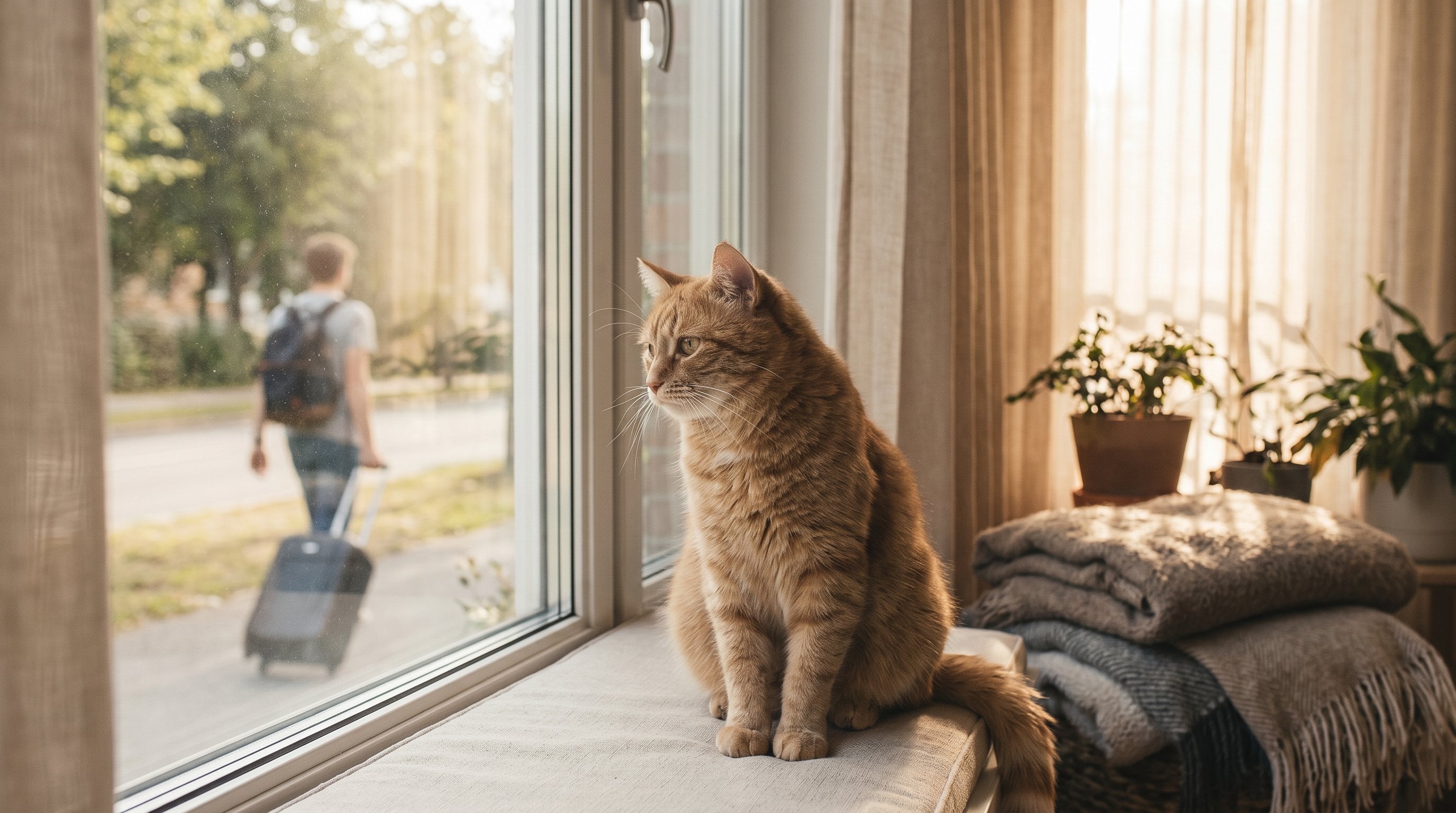 single indoor cat sitting alone by sunny window looking outside while owner leaves home