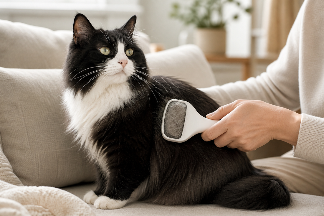 Owner gently brushing a long-haired black-and-white cat while checking its healthy coat for unusual hair loss