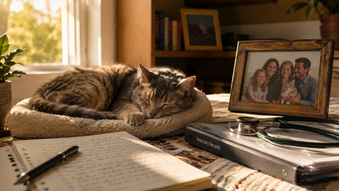 Senior cat resting comfortably while owner plans long-term care