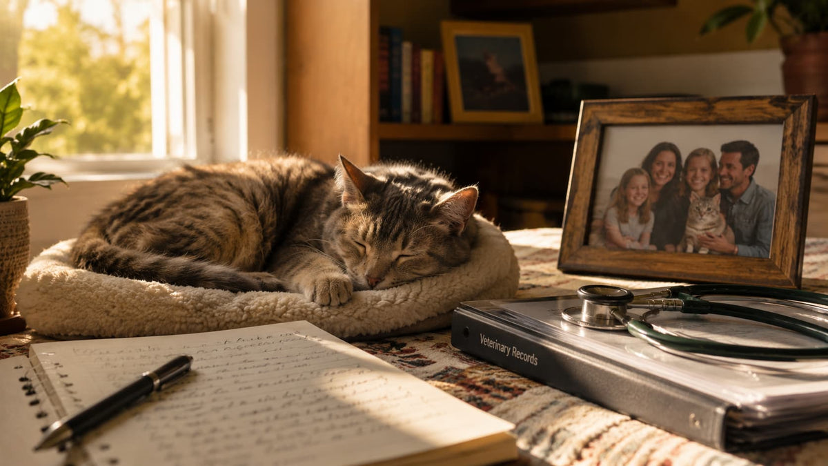Senior cat resting comfortably while owner plans long-term care