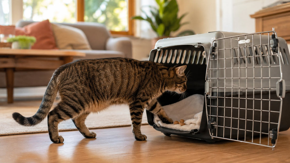 cat voluntarily entering open carrier at home