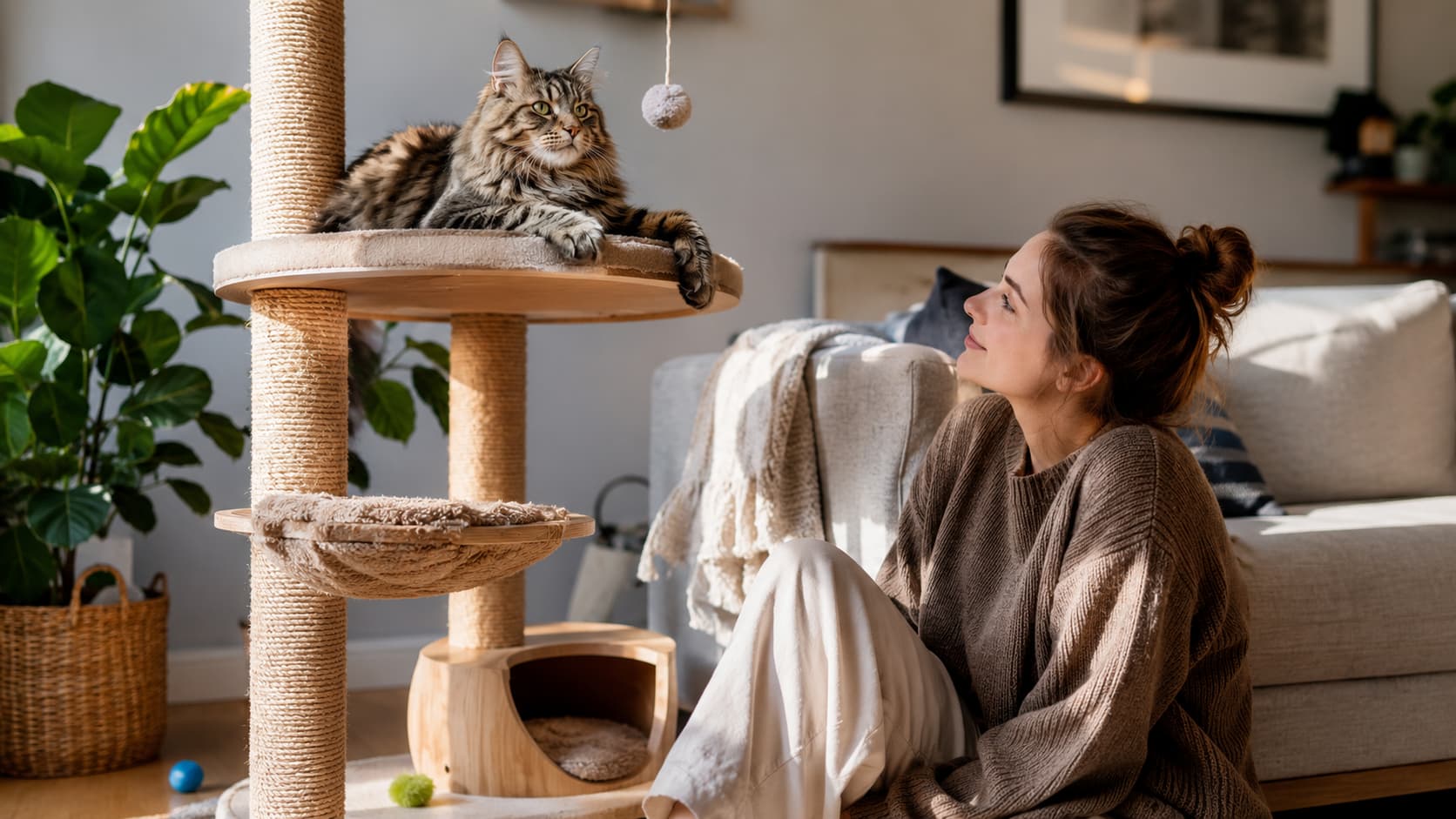 Cat sitting at a distance while owner rebuilds trust through calm interaction