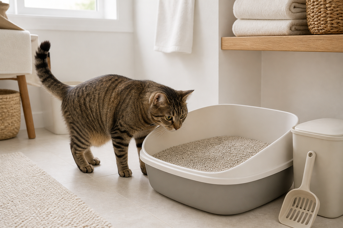 Tabby cat calmly approaching a clean open litter box filled with unscented litter