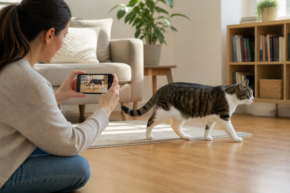Cat owner recording a full-body walking video of a cat at home for the veterinarian
