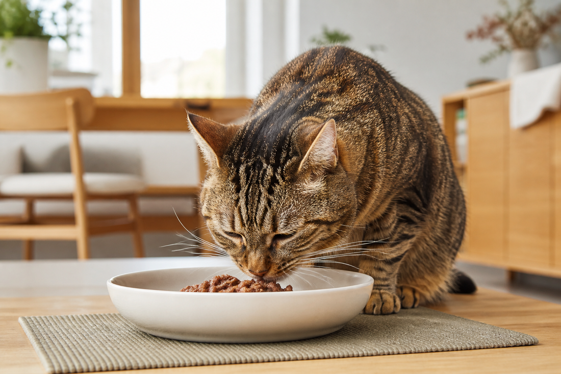 Tabby cat eating comfortably from a wide shallow ceramic bowl without pressing its whiskers