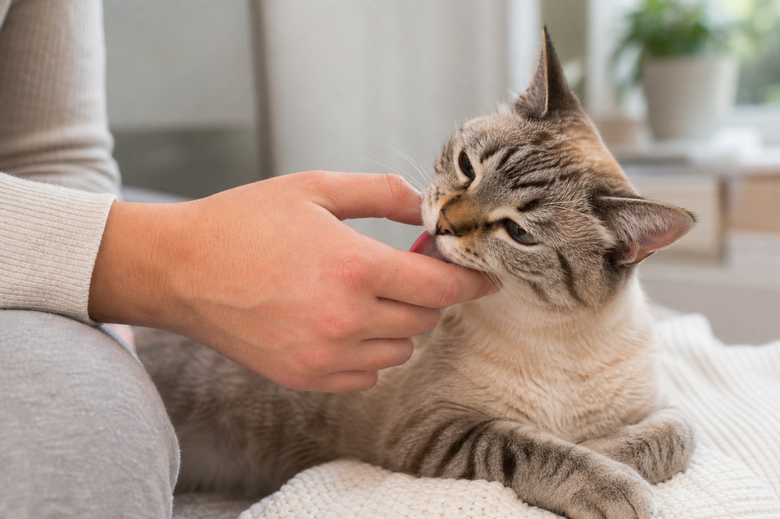 Cat gently licking and mouthing a person's hand