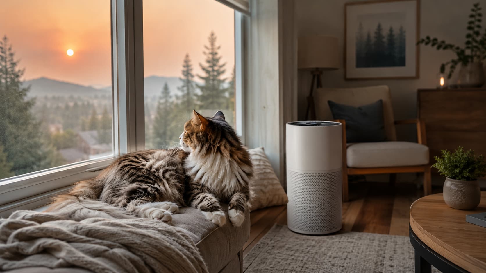 Indoor cat resting safely away from wildfire smoke