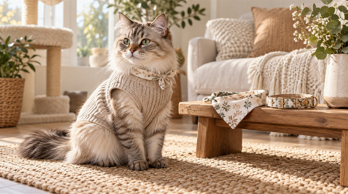 Cat wearing comfortable apparel and accessories in a warm modern home