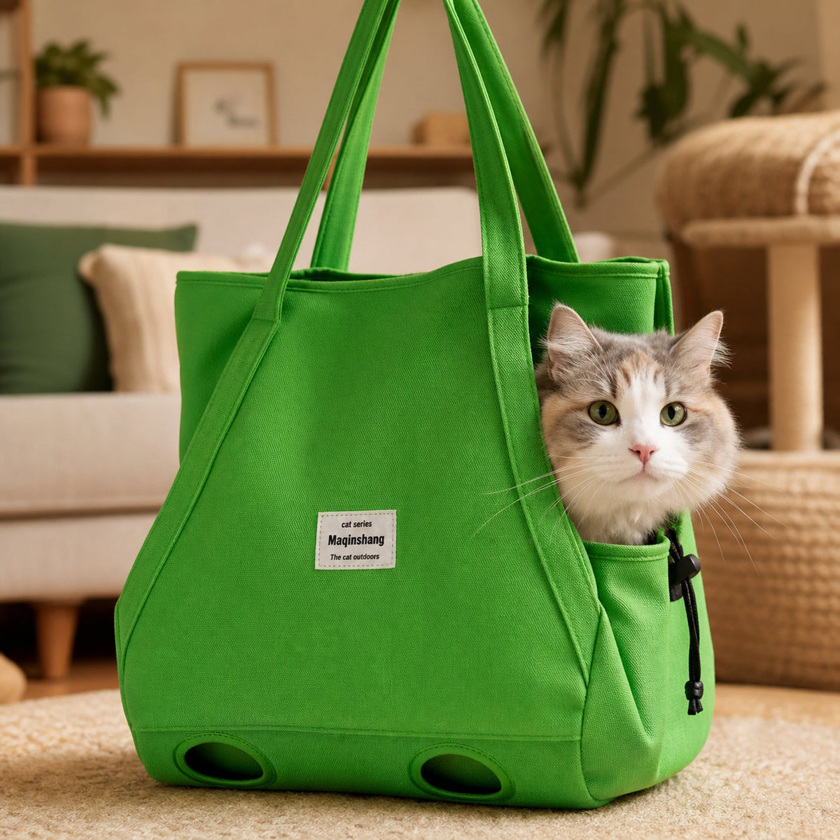 Cat inside the green Canvas Cat Carrier Shoulder Bag in a warm home