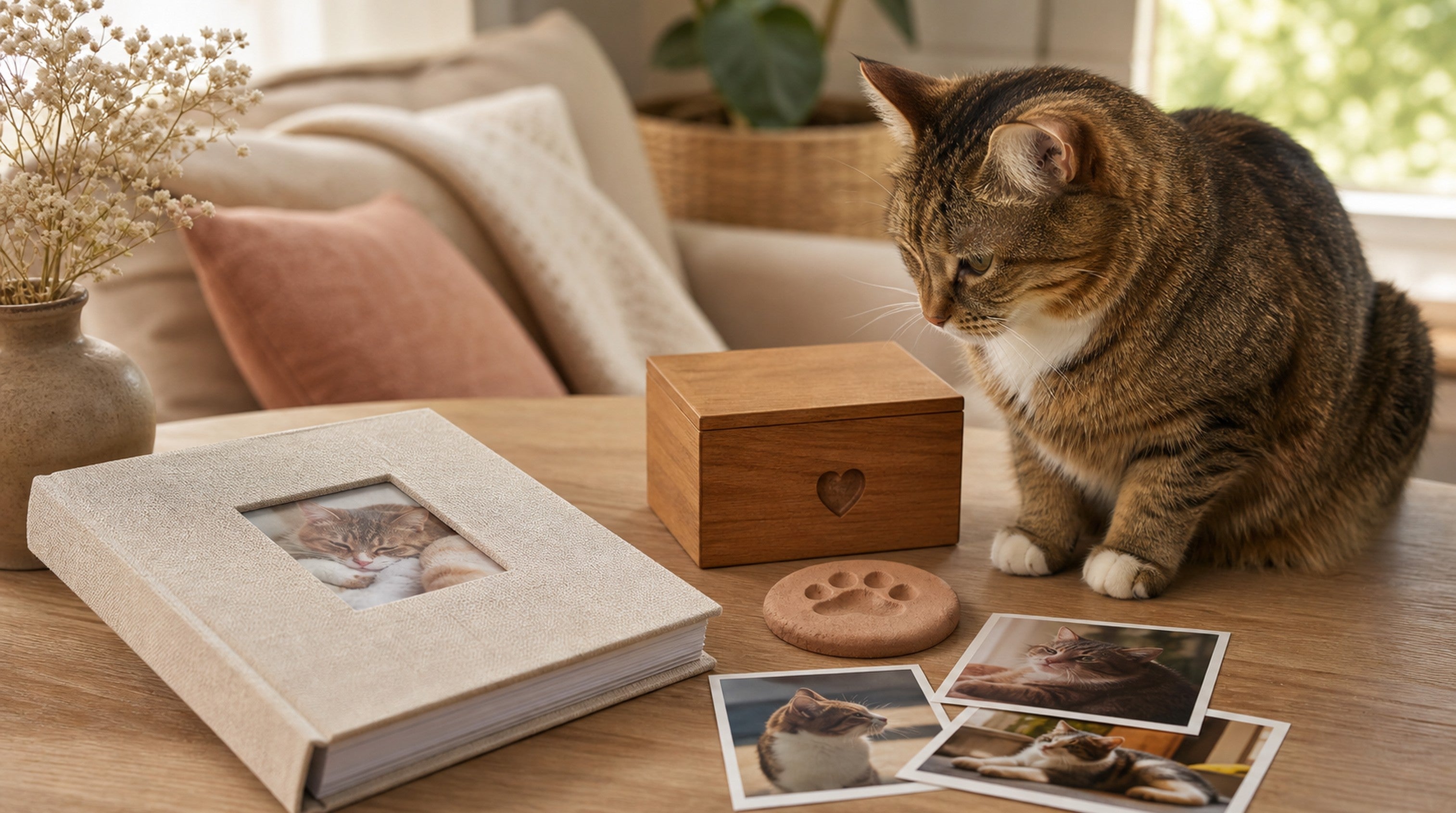 Cat memory keepsakes with a photo album, paw-print memento and keepsake box
