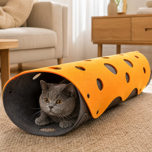 British Shorthair cat relaxing inside the deformable felt cat tunnel