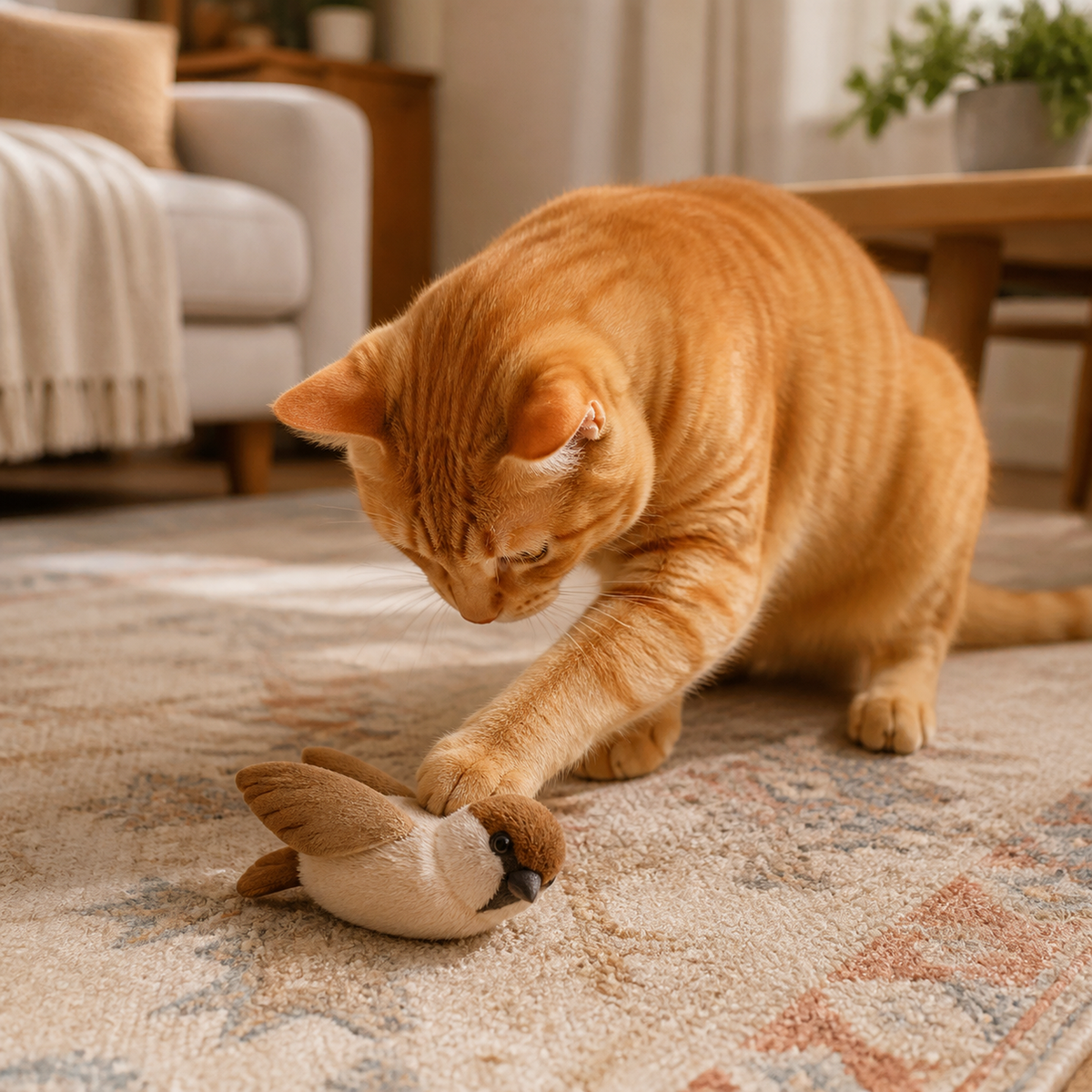 Cat playing with Sparrow flapping toy