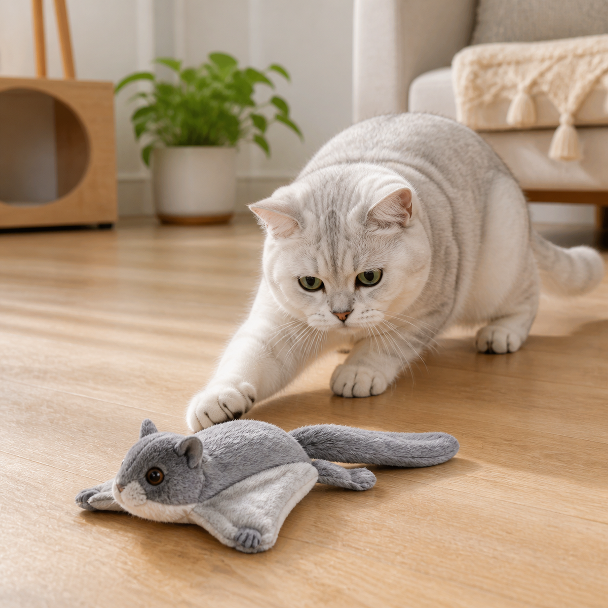 Cat playing with Pygmy Flying Squirrel toy