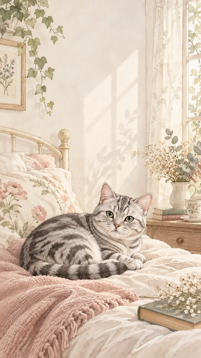 Silver Tabby in a Sunlit Bedroom