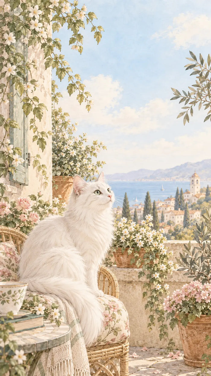 White Cat on a Mediterranean Balcony