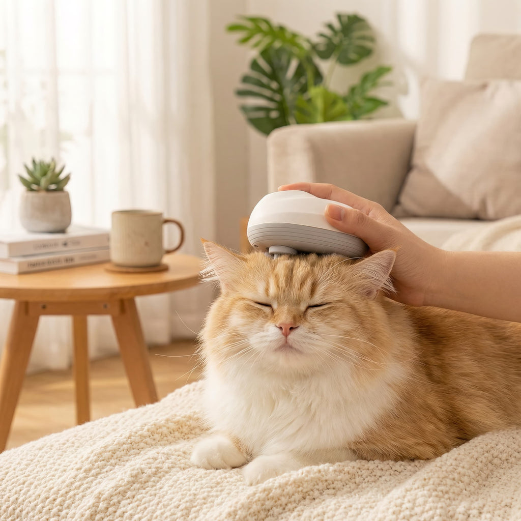Cat being massaged with a handheld device in a cozy living room.