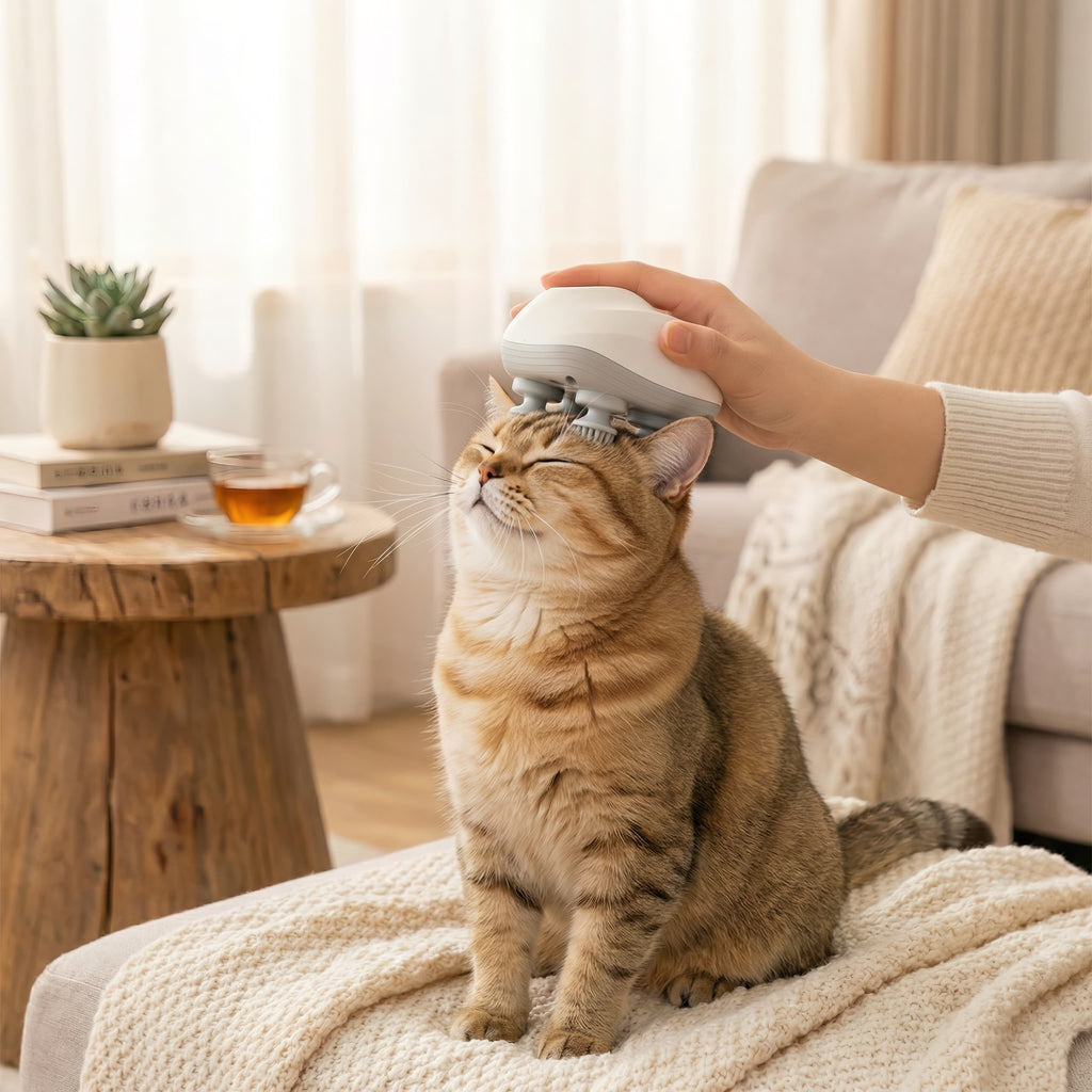 Cat being massaged by a handheld device in a cozy living room.