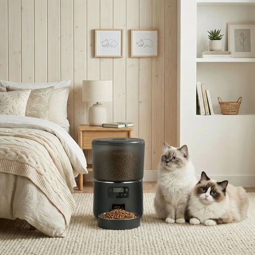 Two cats sitting next to an automatic pet feeder in a bedroom.