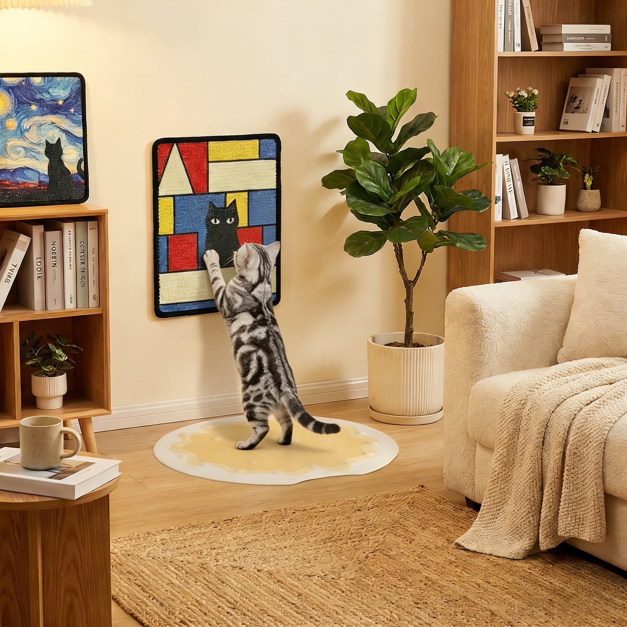 Cat playing with a colorful cat-shaped mirror in a cozy living room.