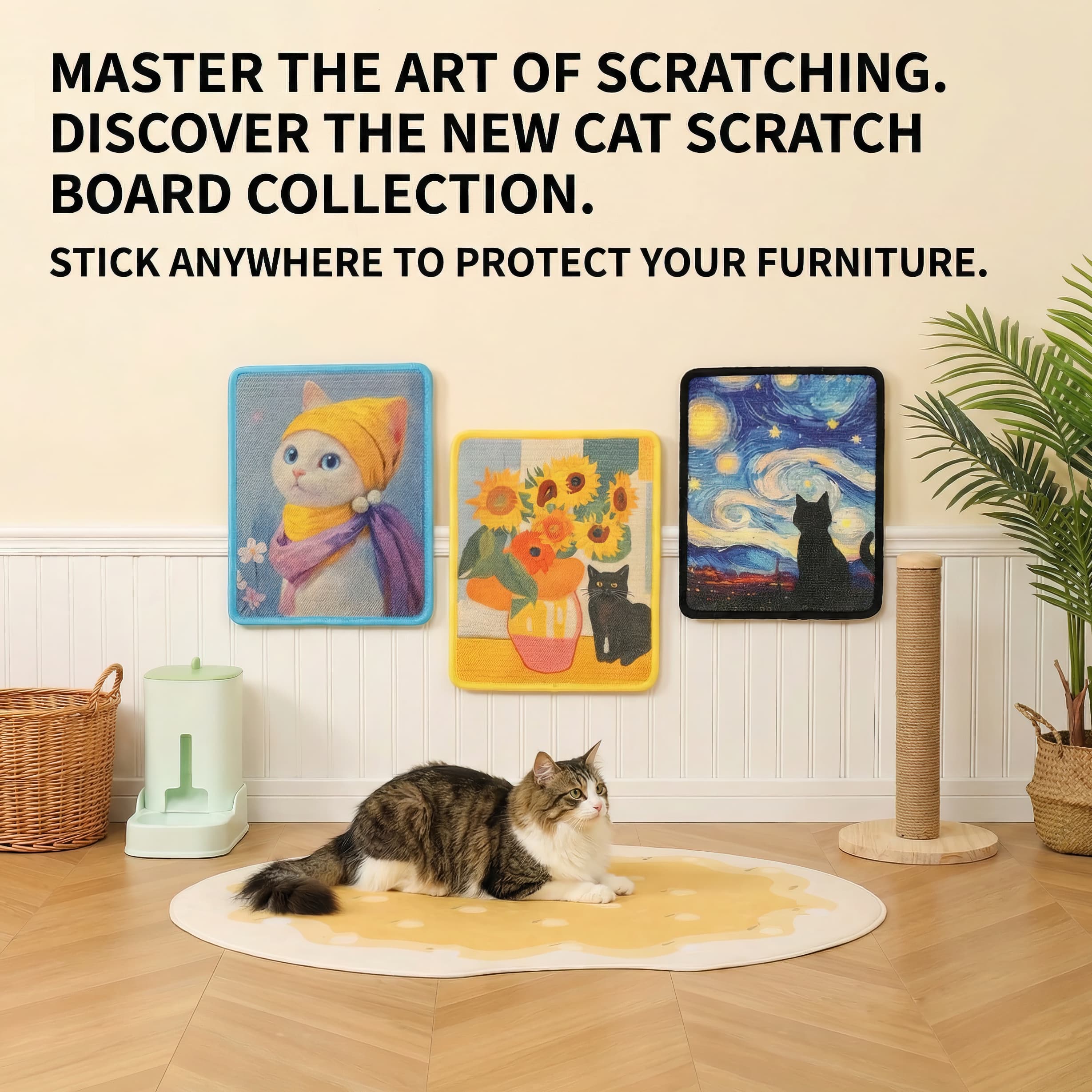 Cat sitting on a mat with decorative cat scratch boards in the background