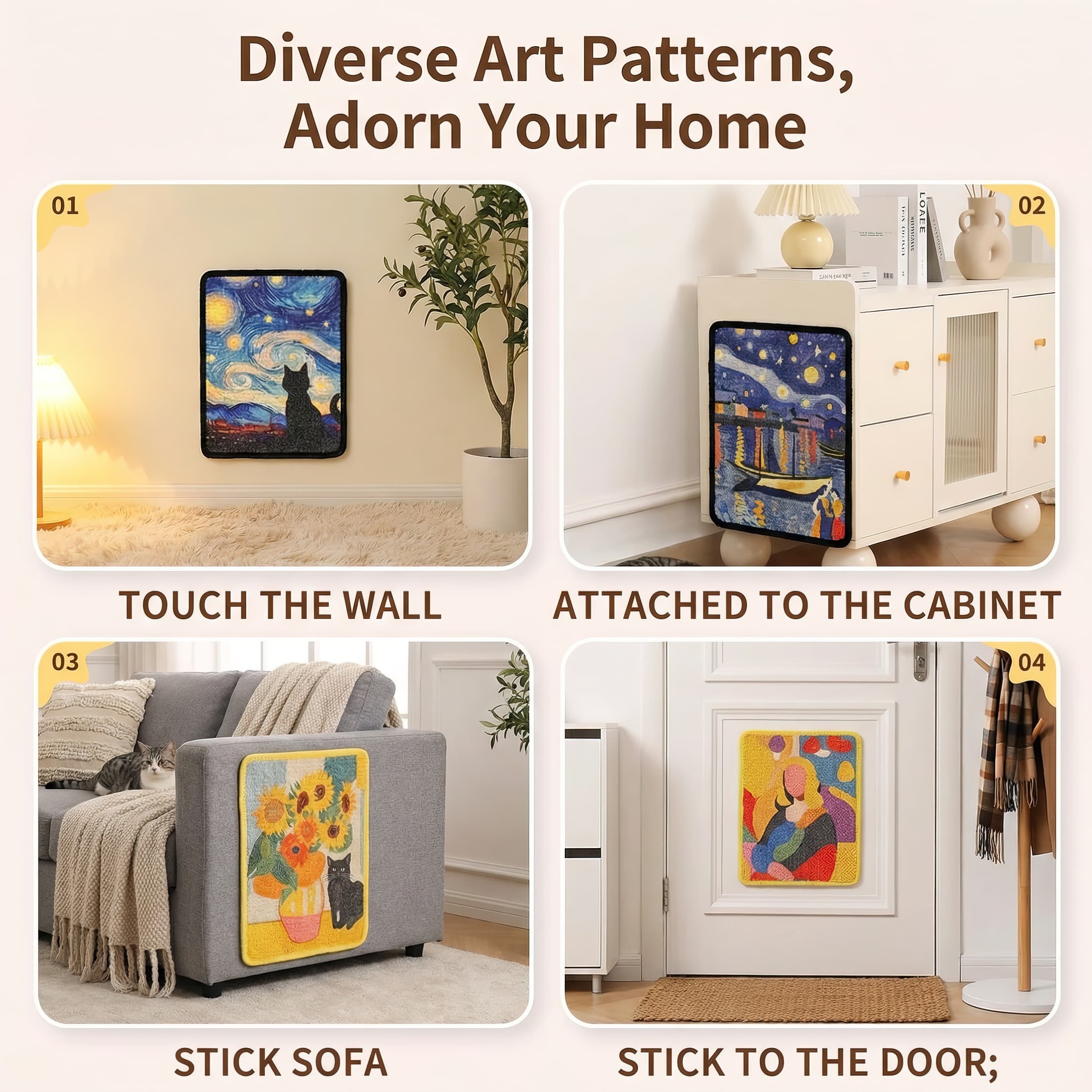 Collage of art patterns applied to various surfaces in a home setting.