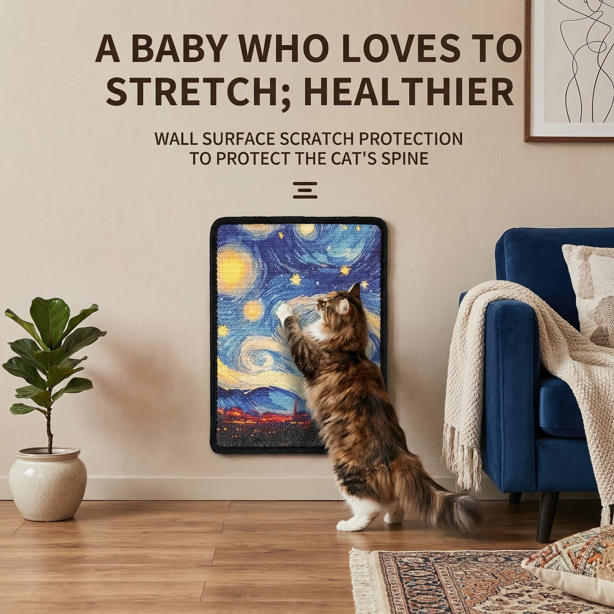 Cat stretching on a wall scratch protection pad in a living room setting.