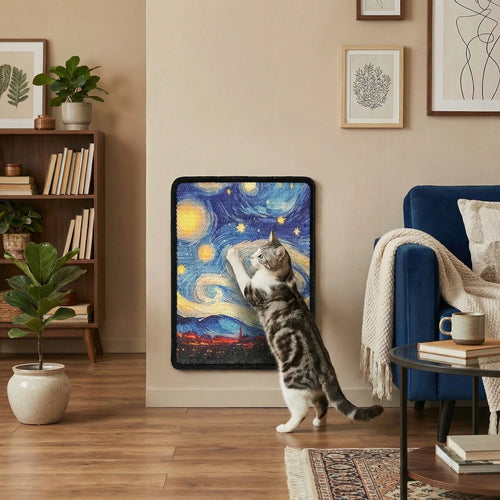 Cat looking at a framed picture of 'Starry Night' in a living room.