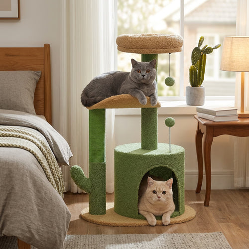 Two cats on a green and brown cat tree in a bedroom setting.