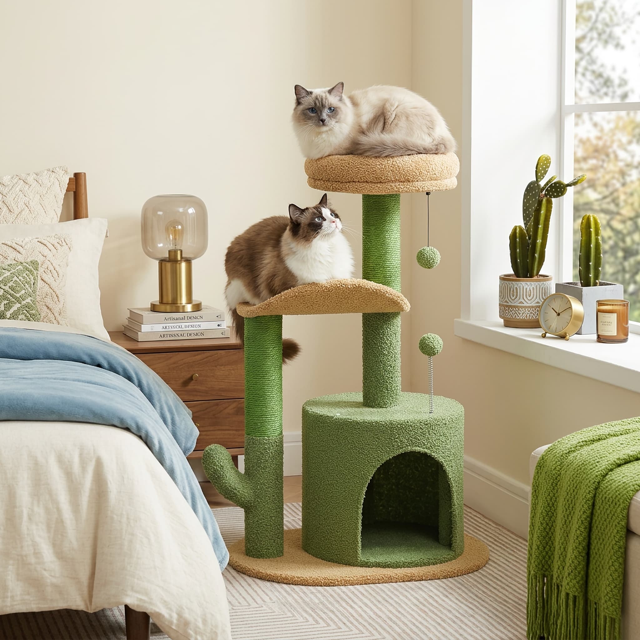 Two cats on a green cat tree in a bedroom setting with a bed and window in the background.