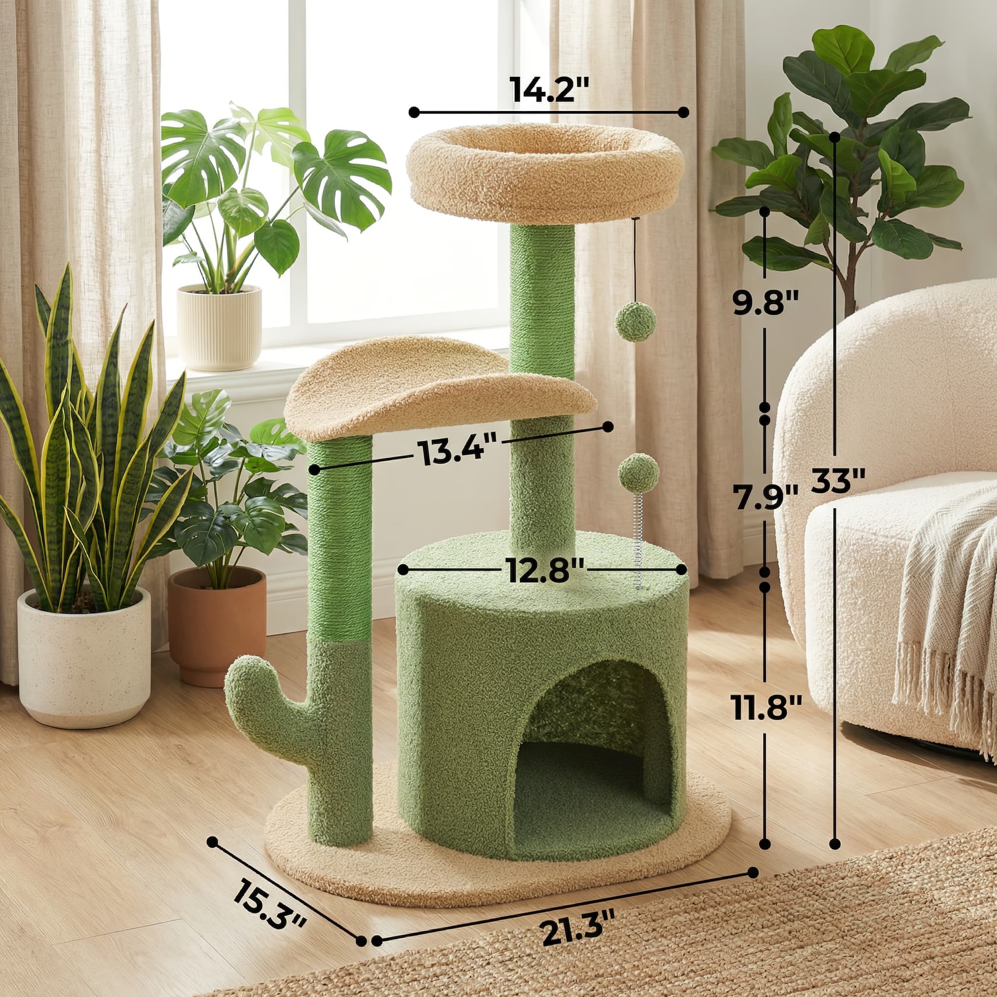 Cat tree with dimensions labeled in a room with plants and a chair.