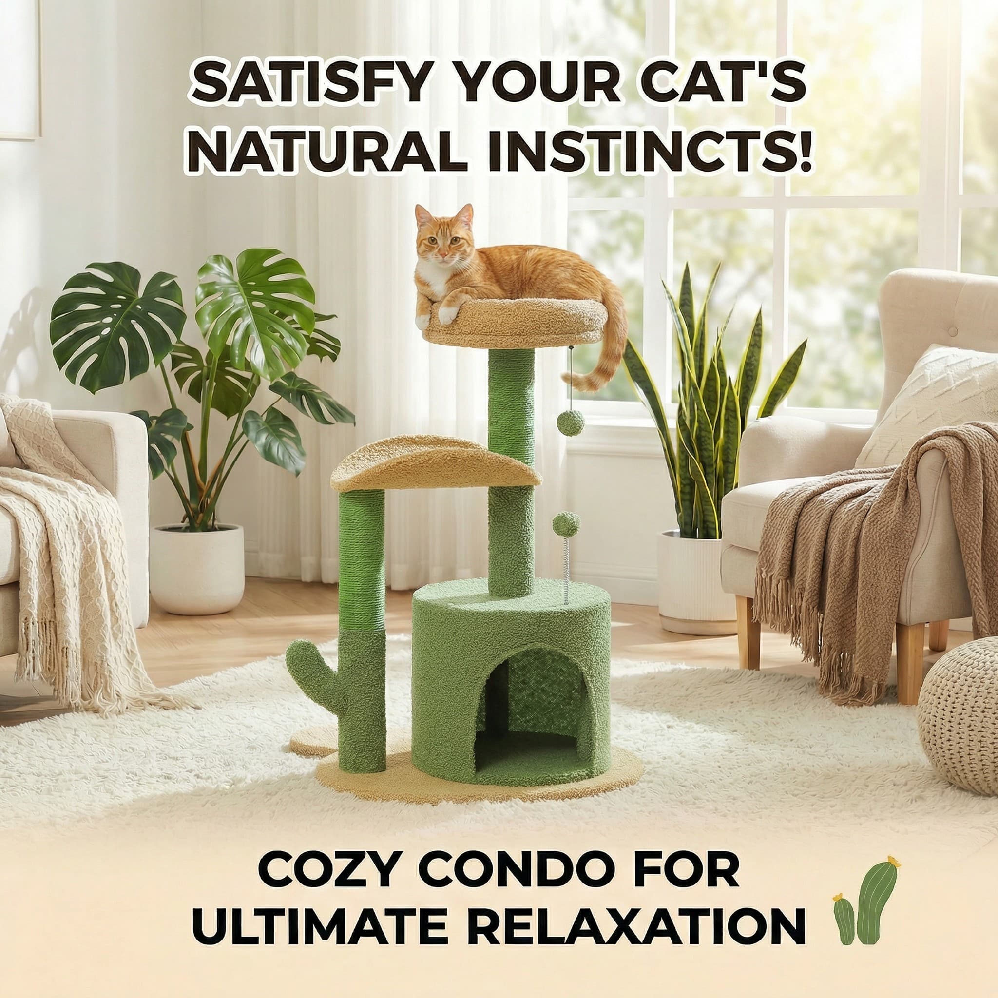 Cat tree in a living room with text promoting cat comfort and natural instincts.