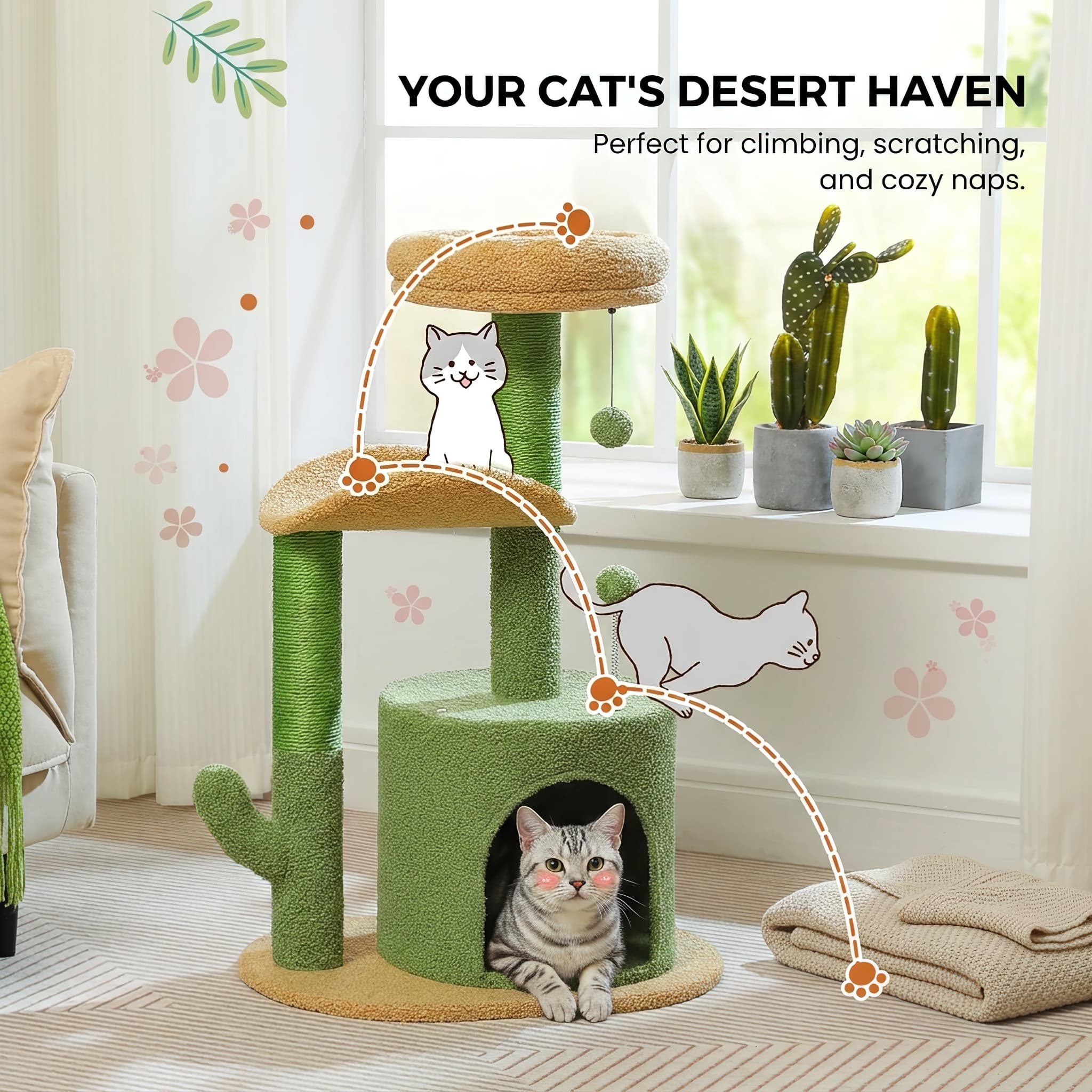 Cat tree with a cat sitting on it, labeled as 'Your Cat's Desert Haven' in a room with plants.