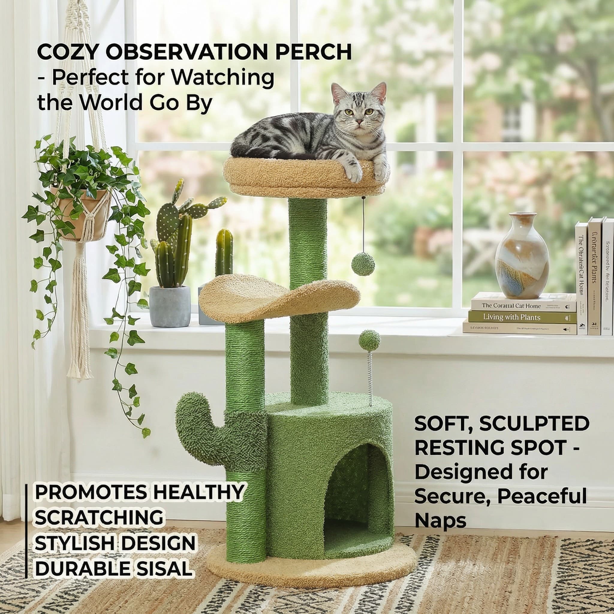 Cat tree with a cat on top in a room with plants and books.