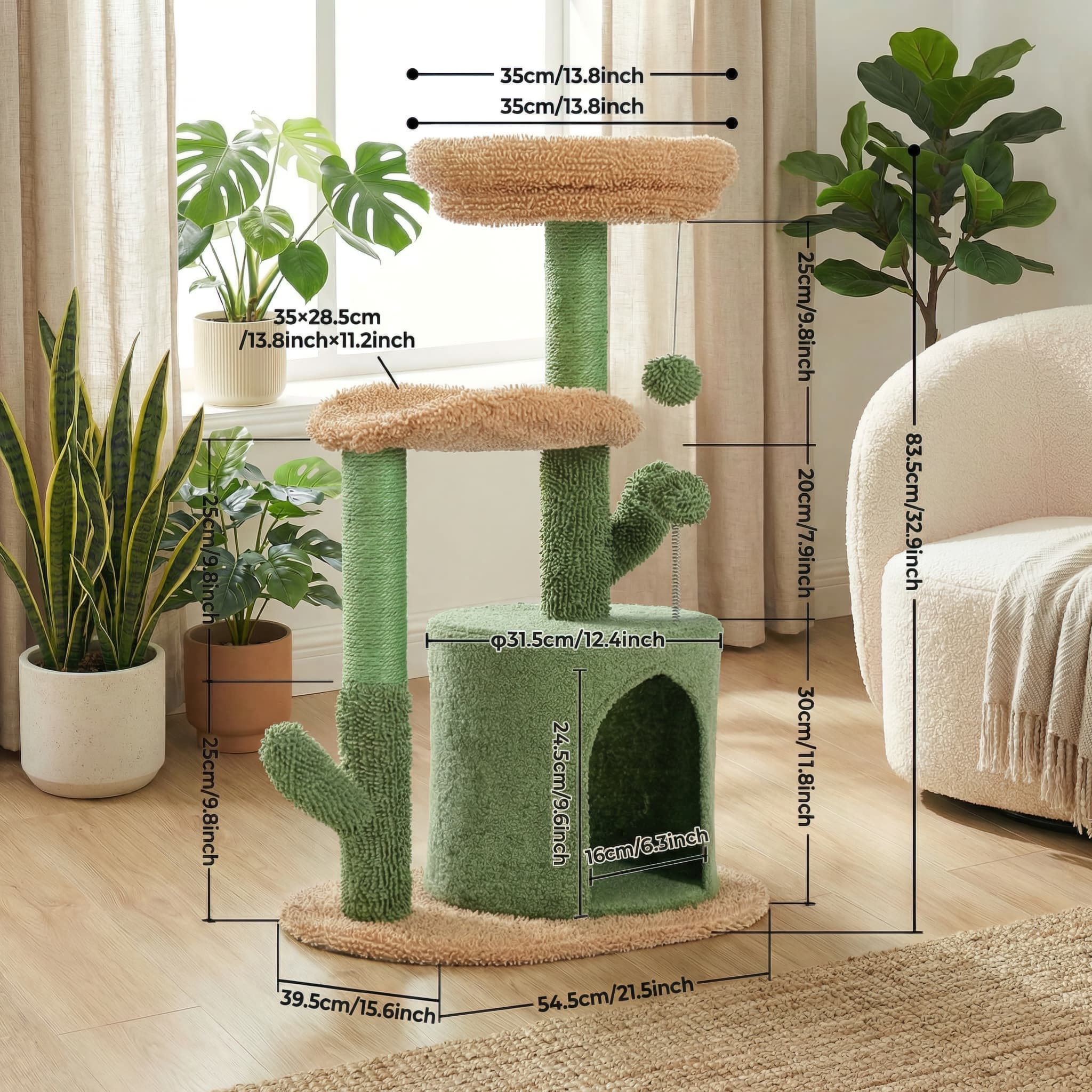 Cat tree with dimensions labeled in a room with plants and a chair.