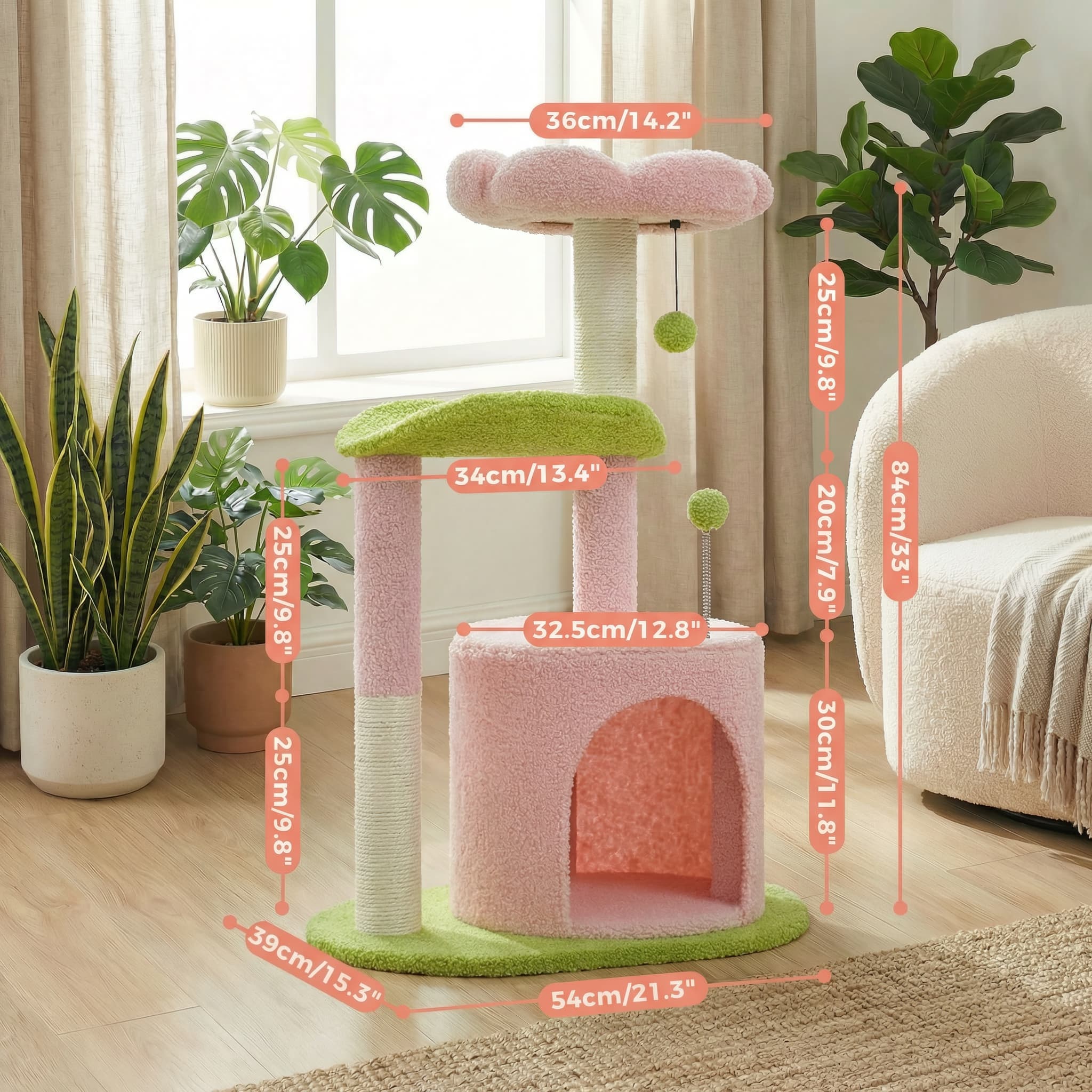 Measurement chart of a pink and green cat tree with plants and furniture in the background