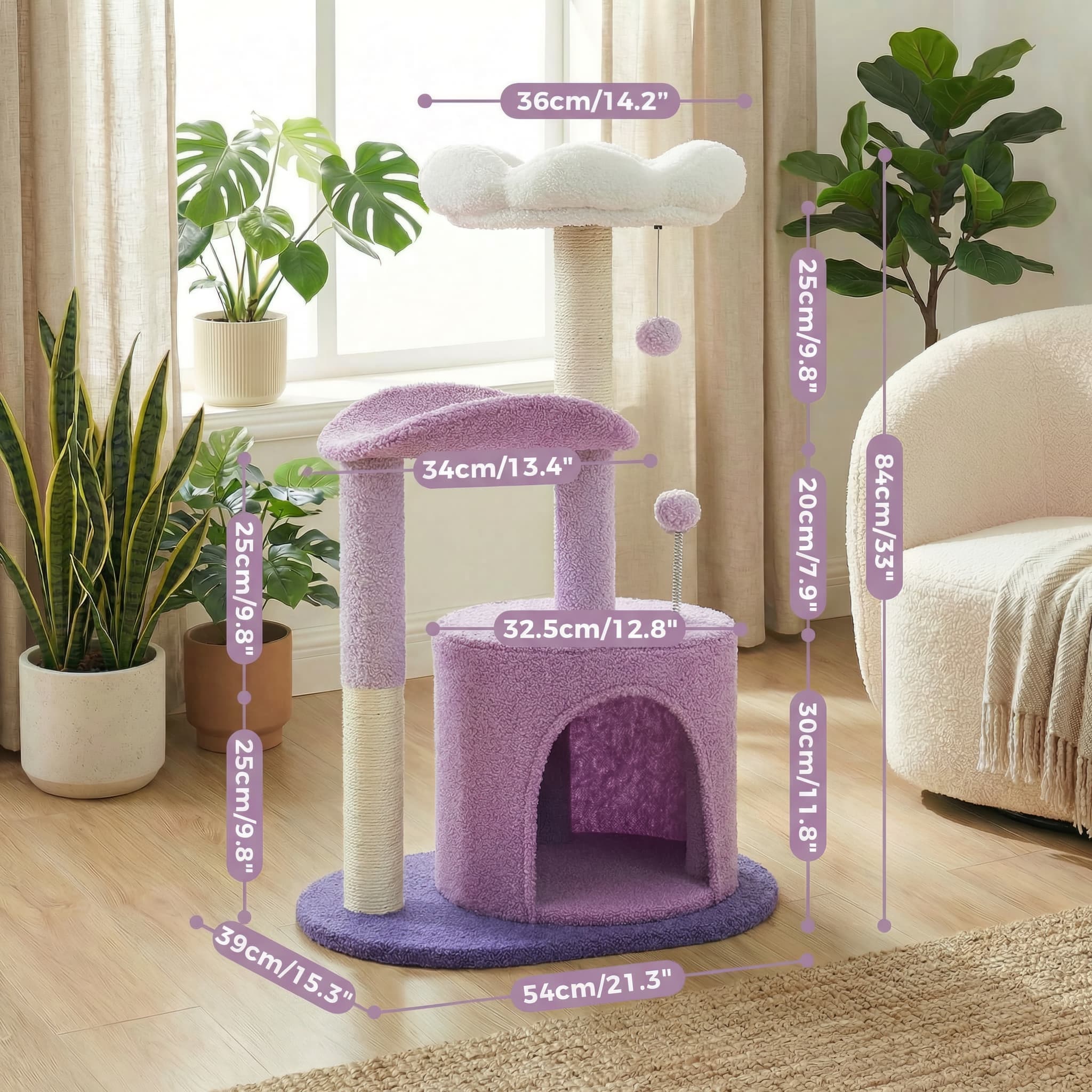 Purple and white cat tree with dimensions in a room with plants and a chair.