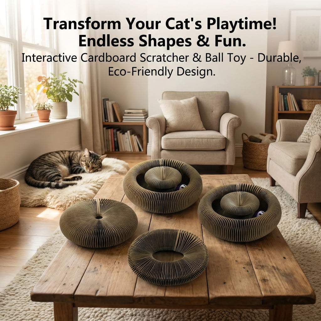 Living room with a cat and cardboard scratchers on a coffee table, promoting an interactive toy for cats.