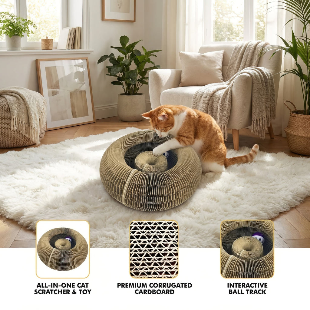 Cat playing with a corrugated cardboard scratcher and toy in a cozy living room.