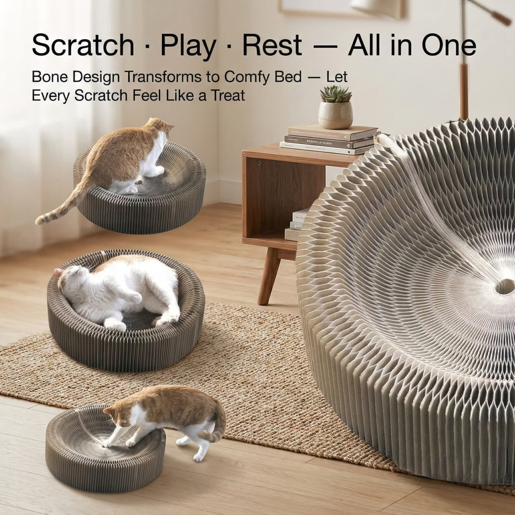Pet furniture designed for scratching, playing, and resting with cats interacting on it.