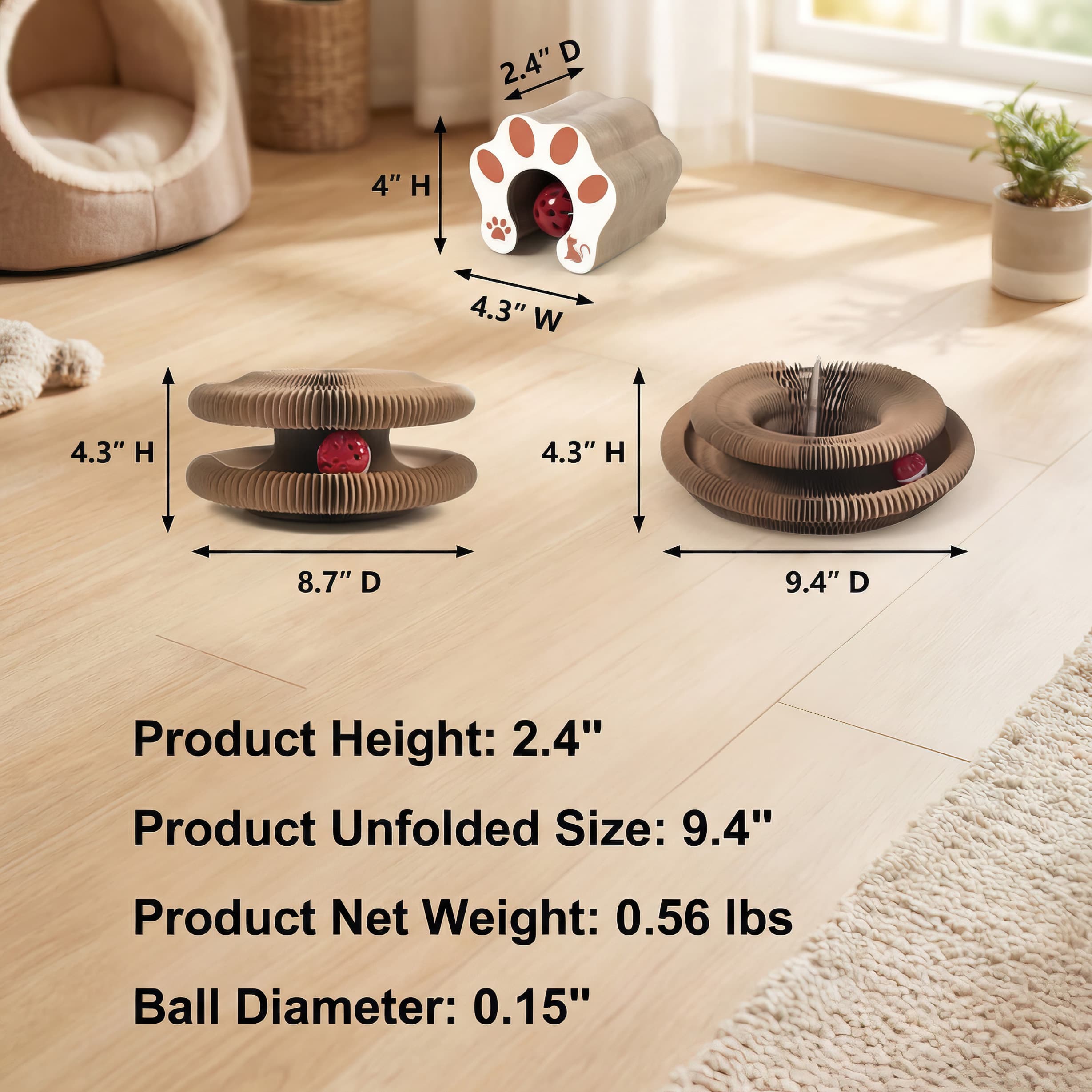 Pet toy with dimensions displayed on a wooden floor