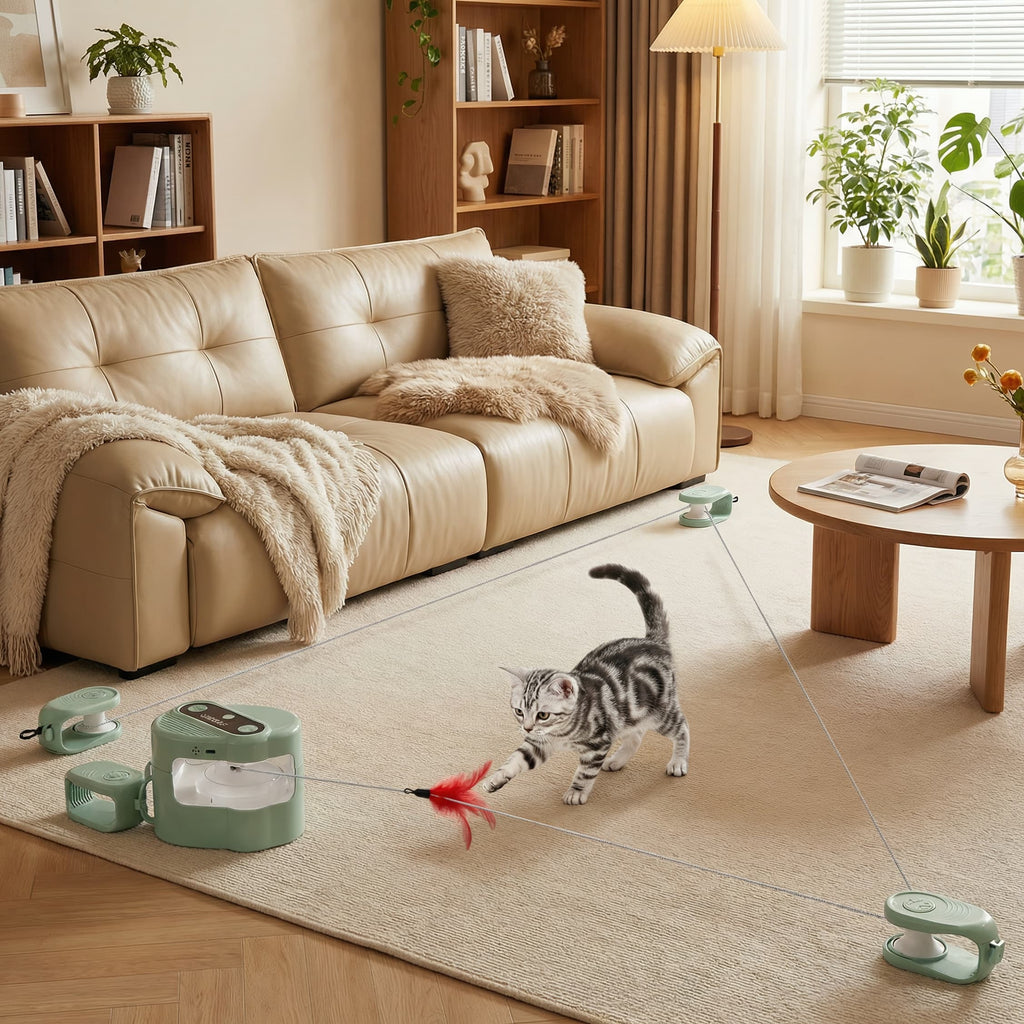 Cat playing with a toy in a living room with a beige sofa and wooden coffee table.