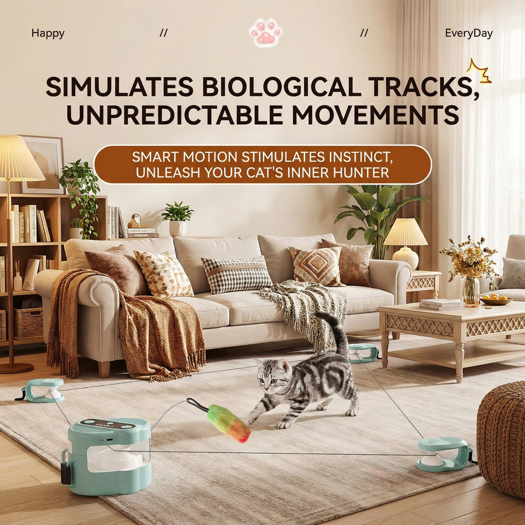 Living room with a cat playing with a toy, text about smart motion for cats, and 'Happy Everyday' logo.