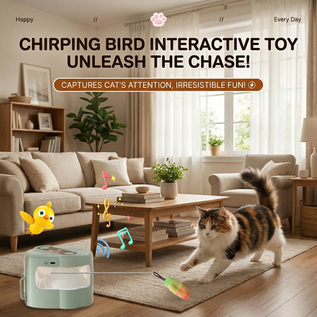 Cat playing with a chirping bird interactive toy in a living room.