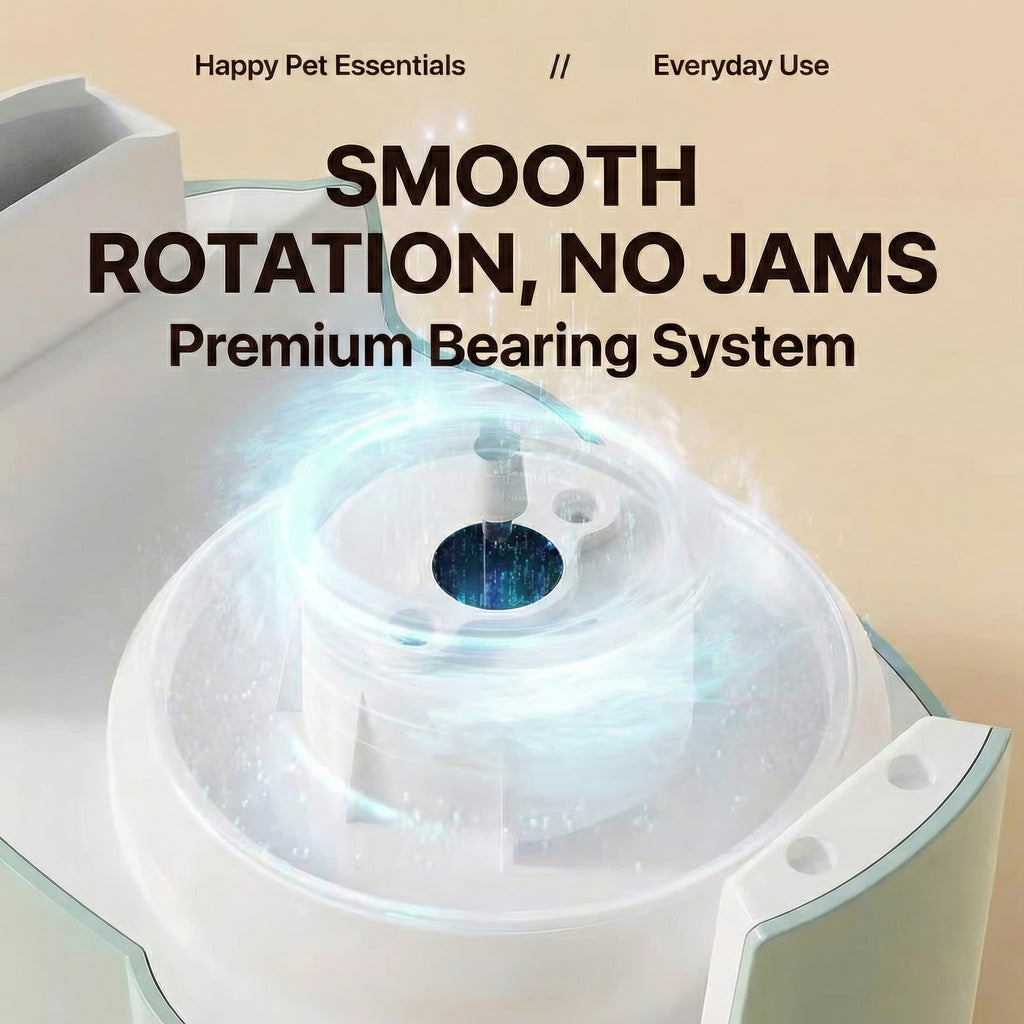 Pet water fountain with text highlighting smooth rotation and premium bearing system on a beige background