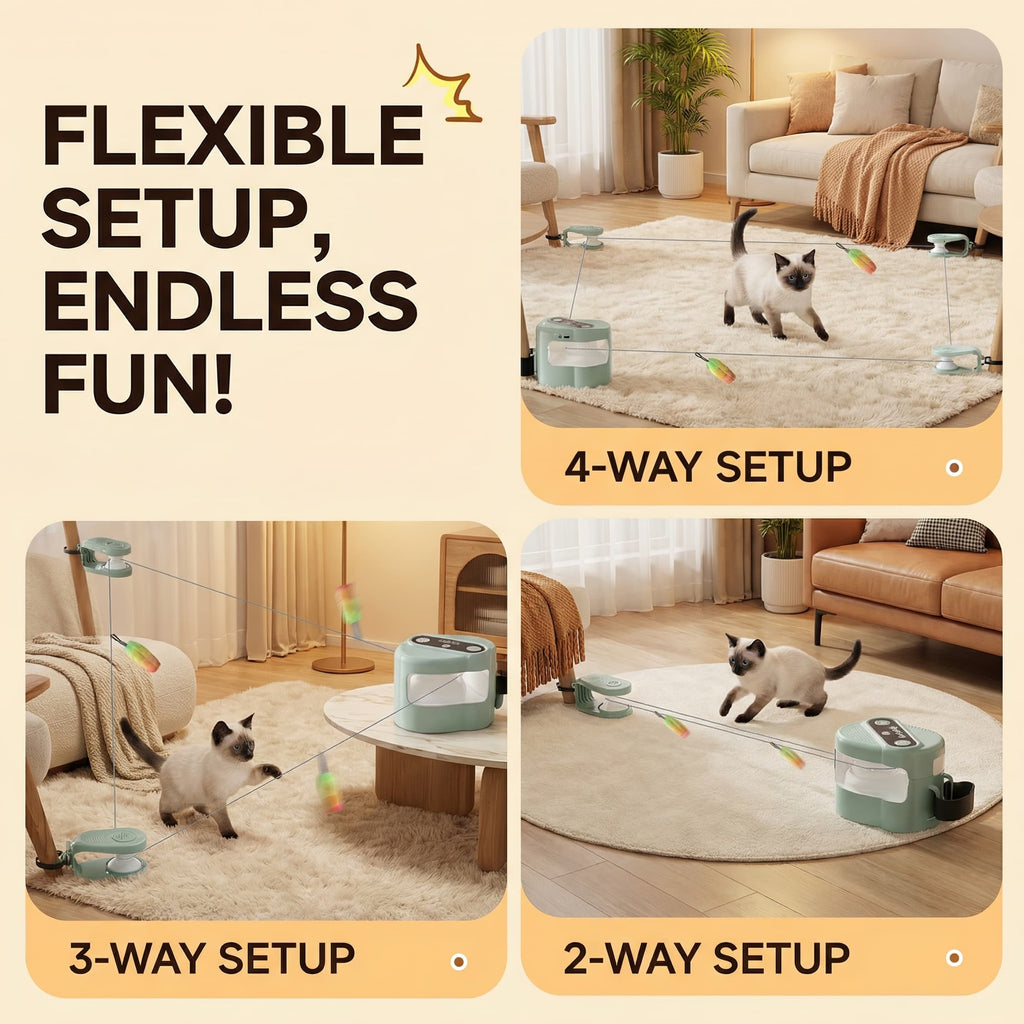 Cat playing with a toy in a living room with text indicating flexible setup options.