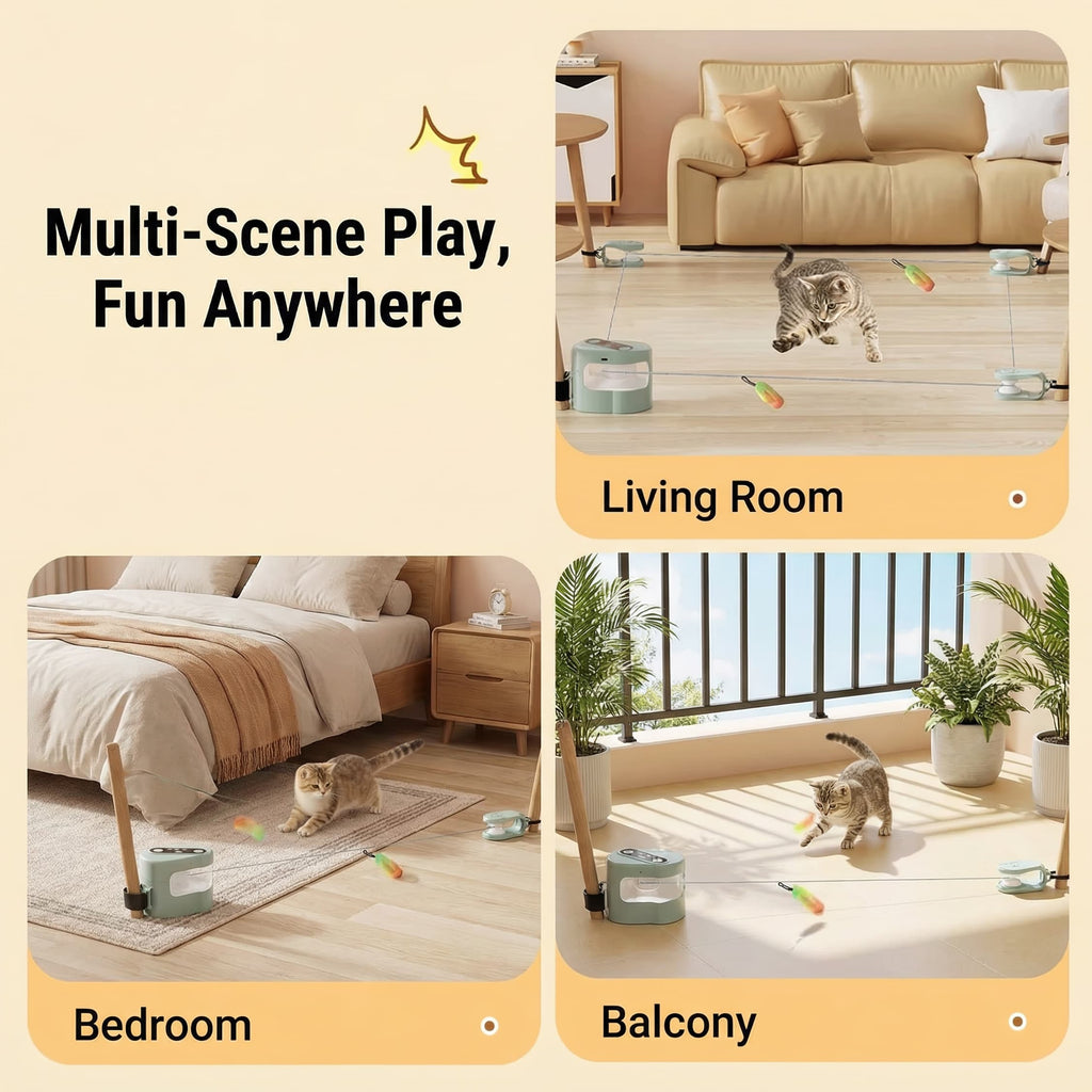 Product demonstration in various indoor settings with a cat interacting with it.