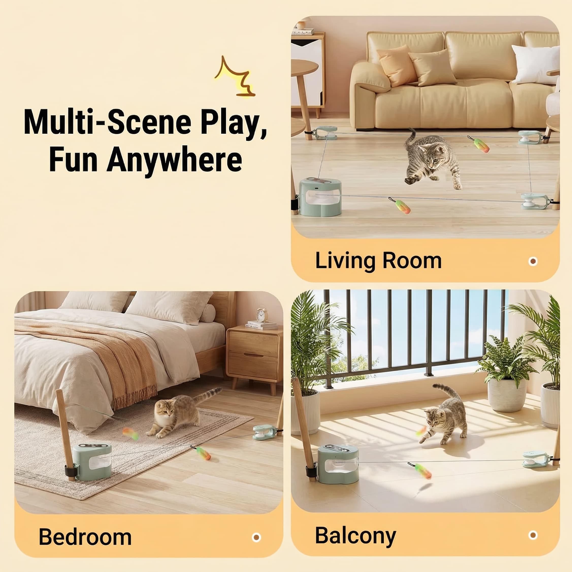 Product demonstration in various indoor settings with a cat interacting with it.